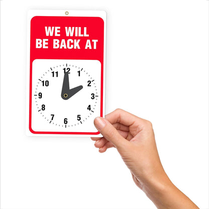 Bold 'Will Return' clock sign with clear, readable clock face, perfect for businesses to display their exact return time during breaks or short absences